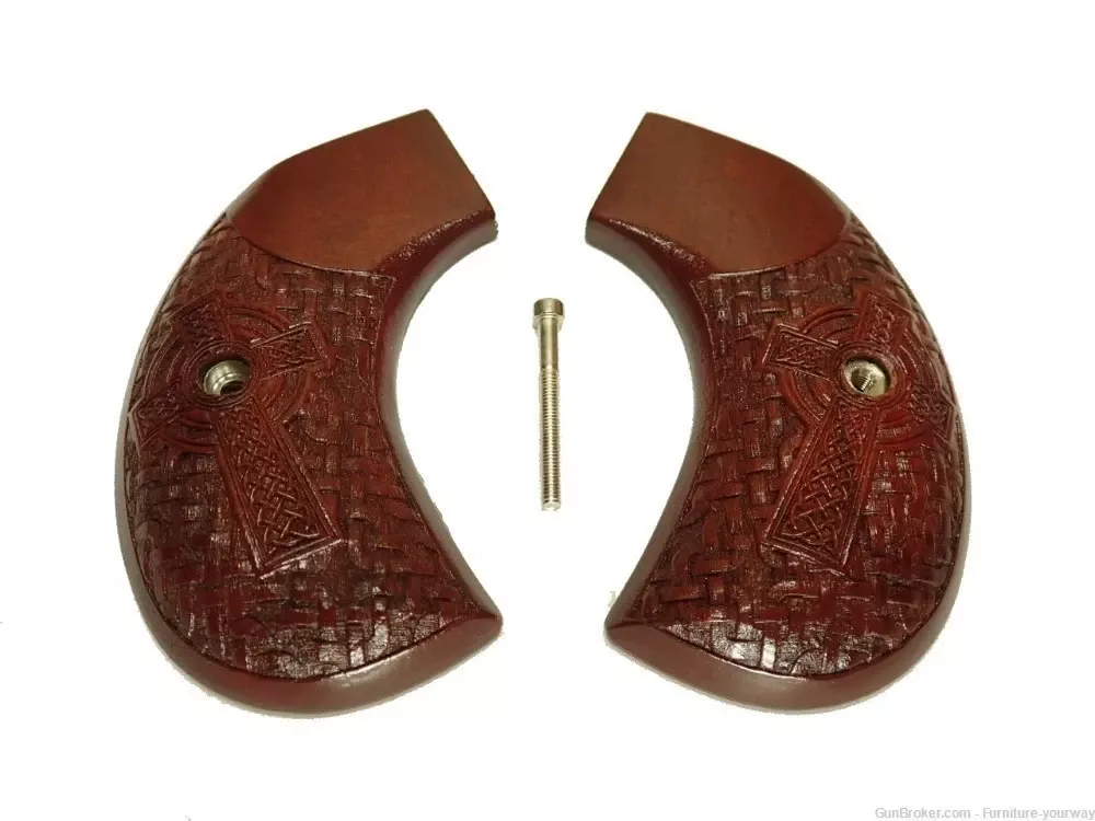 -Rosewood Celtic Cross Ruger Vaquero Birdshead Grips Engraved Textured